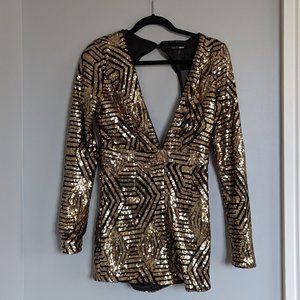 NWT Fashion Nova Sequin Flashy Ways Romper Black/Gold Size  Large